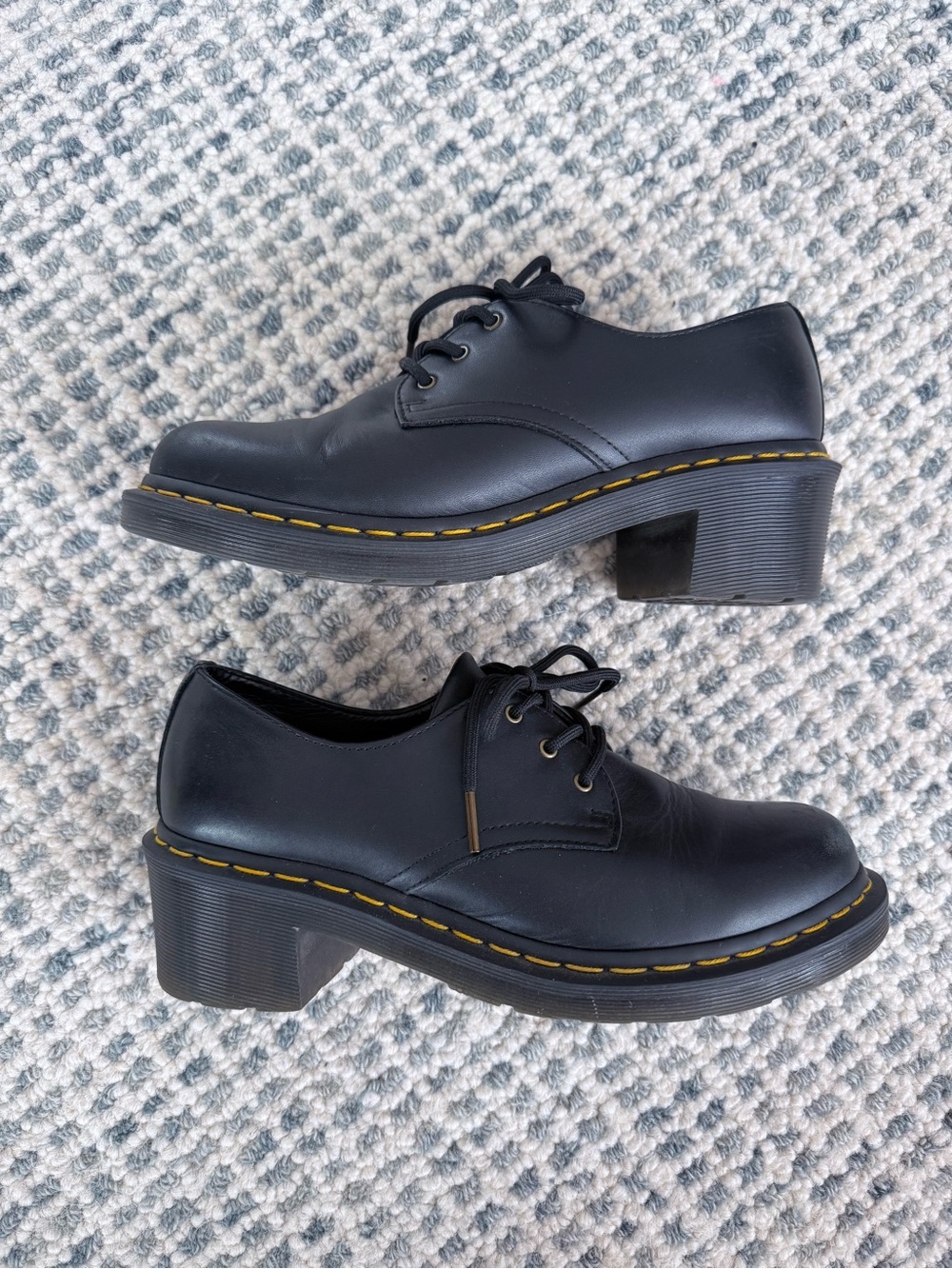 Dr. Martens Black Leather Lace-Up Heeled Oxfords with Yellow Stitching